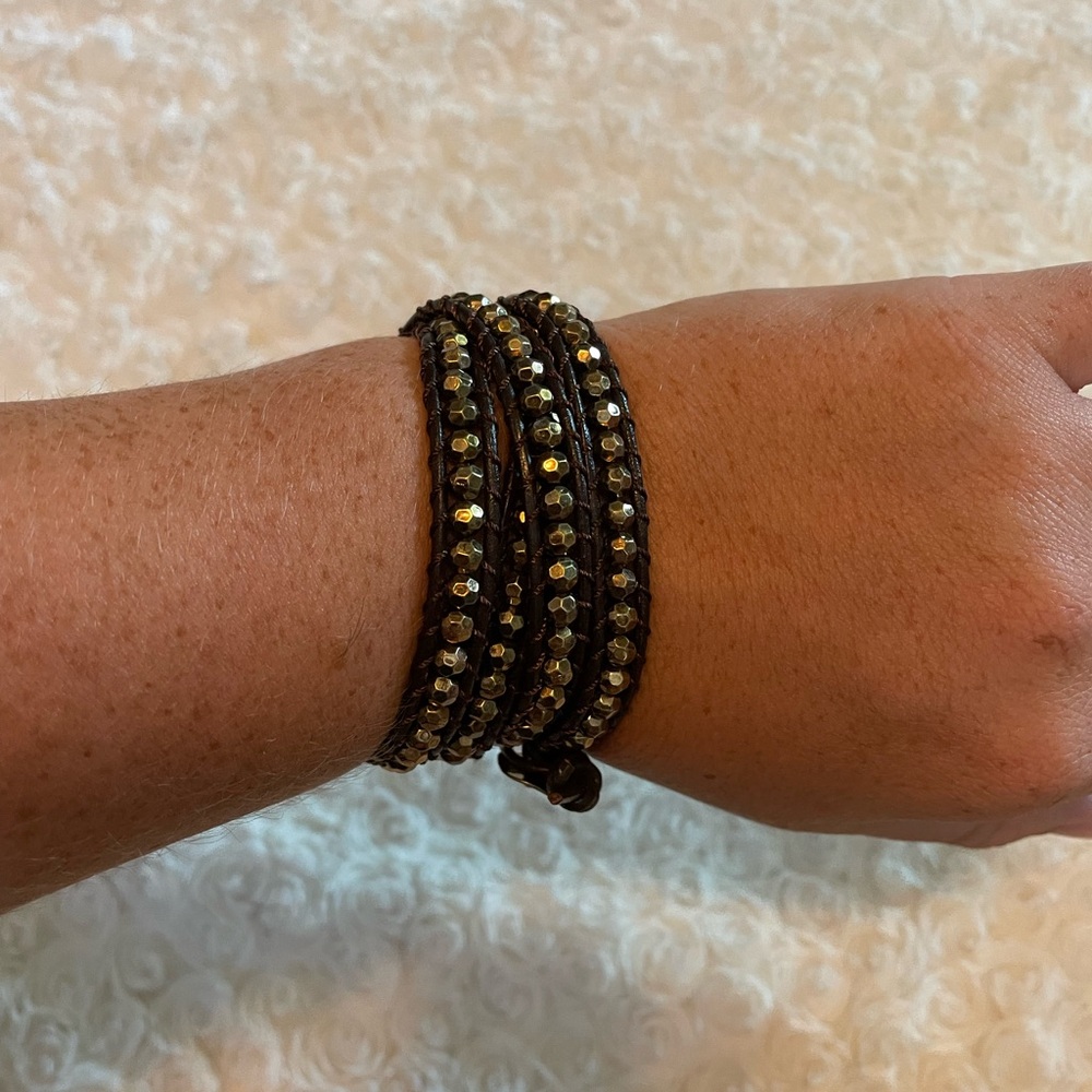 Brown leather and gold beaded Wrap bracelet